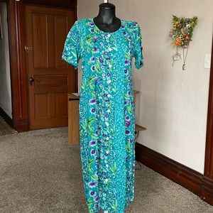 NEW Shirt Dress Buttons La Cera Medium Rayon Maxi Teal/ Purple Floral Pockets